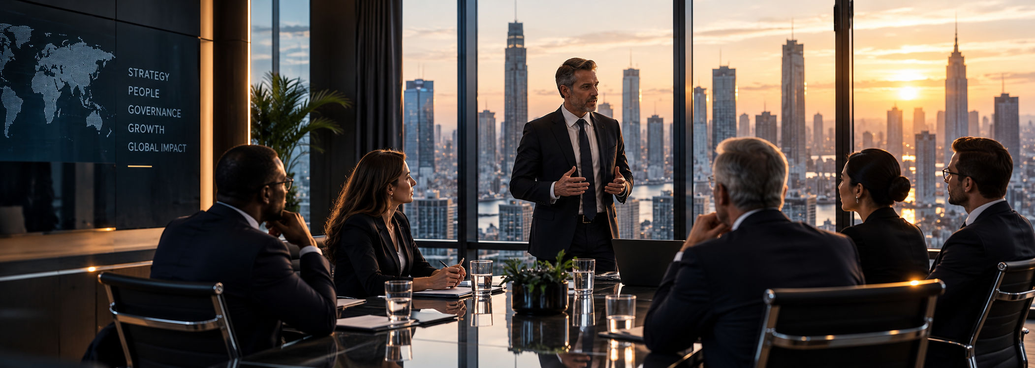 Executives in a boardroom overlooking a city skyline